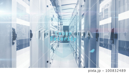Composition of cyber security text and mathematical equations over server room 100832489