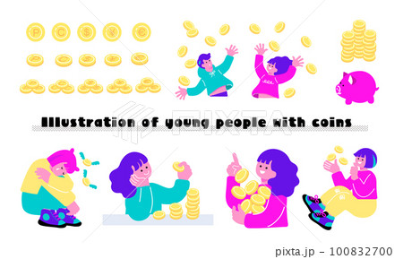 コインと人々の資産形成をイメージしたイラストセット 100832700