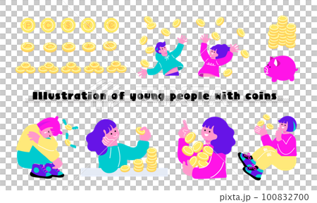 コインと人々の資産形成をイメージしたイラストセット 100832700
