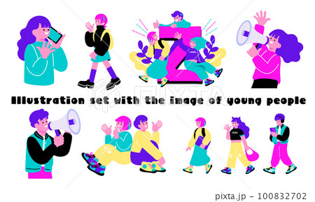 ポップなカラーの若者のイラストセット 100832702