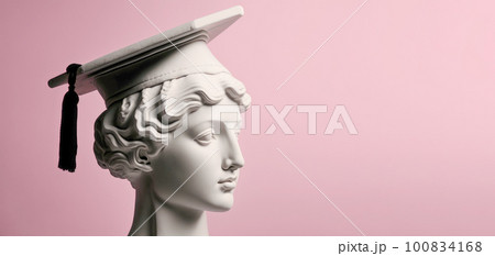 Plaster head of woman in a traditional Graduate cap, pink background, minimalism. The concept of graduation from school, university, education, study Plaster head of woman in a traditional Graduate cap, pink background, minimalism. The concept of graduation from school, university, education, study 100834168