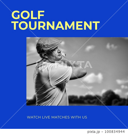 Image of golf tournament text over caucasian male golf player and clouds Image of golf tournament text over caucasian male golf player and clouds 100834944