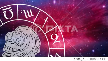 Composition of zodiac wheel with aquarius star sign over stars Composition of zodiac wheel with aquarius star sign over stars 100835414