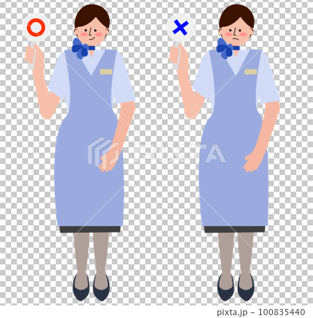 一組女空姐舉起圓圈和十字的插畫(機上服務,藍色圍裙制服) 一組女空姐舉起圓圈和十字的插畫(機上服務,藍色圍裙制服) 100835440