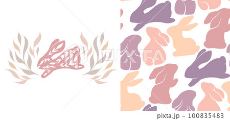 Set of vector seamless Easter pattern and card with silhouette rabbits. Nursery texture and illustration with folk art bunnies in pastel colors. 100835483