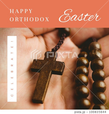 Composite of happy orthodox easter and celebrate text with caucasian hand with rosary beads Composite of happy orthodox easter and celebrate text with caucasian hand with rosary beads 100835644