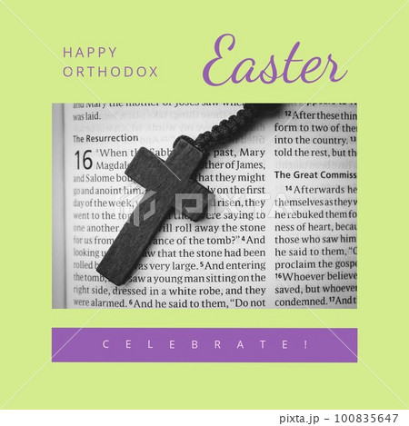 Composite of happy orthodox easter with celebrate text and rosary beads on bible, copy space Composite of happy orthodox easter with celebrate text and rosary beads on bible, copy space 100835647
