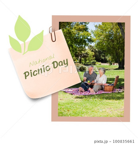 Composite of national picnic day text, plant scribble, caucasian senior couple having food in park Composite of national picnic day text, plant scribble, caucasian senior couple having food in park 100835661
