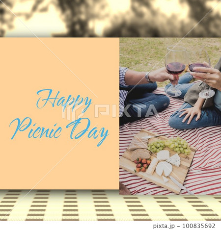 Composite of happy picnic day text over midsection of biracial couple toasting wineglasses in park 100835692