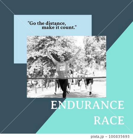 Composite of diverse athletes running in field, go the distance, make it count, endurance race text 100835693