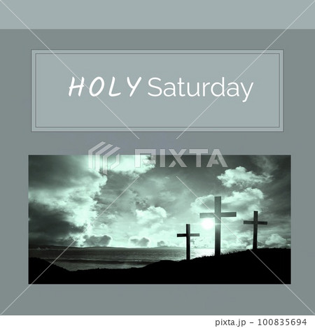 Composite of silhouette crosses on beach against sea and cloudy sky at sunset and holy saturday text Composite of silhouette crosses on beach against sea and cloudy sky at sunset and holy saturday text 100835694