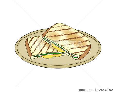 2つにカットしてお皿に盛りつけたホットサンド（主線あり） 100836162