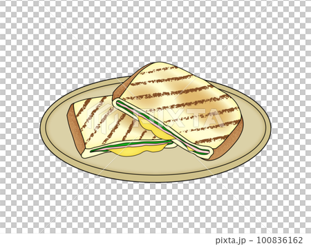 2つにカットしてお皿に盛りつけたホットサンド（主線あり） 100836162