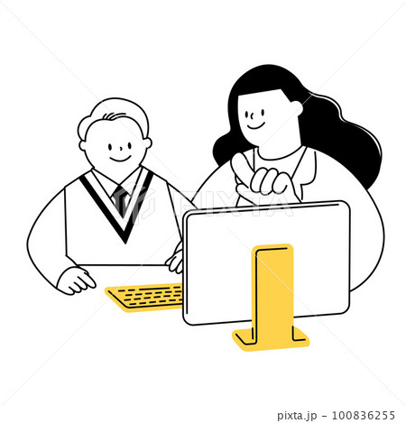 パソコンを使って勉強している学生と教師のベクター イラスト。 パソコンを使って勉強している学生と教師のベクター イラスト。 100836255