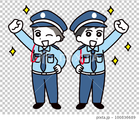 Two young male security guards smiling and posing in a fist pump (full body) Two young male security guards smiling and posing in a fist pump (full body) 100836689