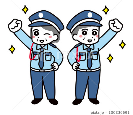 笑顔でガッツポーズをしているシニアの男女警備員(全身) 笑顔でガッツポーズをしているシニアの男女警備員(全身) 100836691