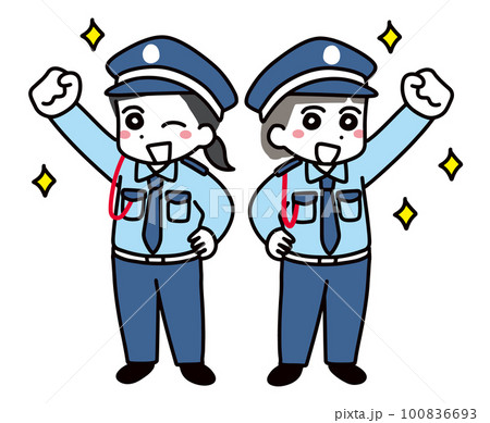 笑顔でガッツポーズをしている若い女性警備員の2人(全身)	 100836693