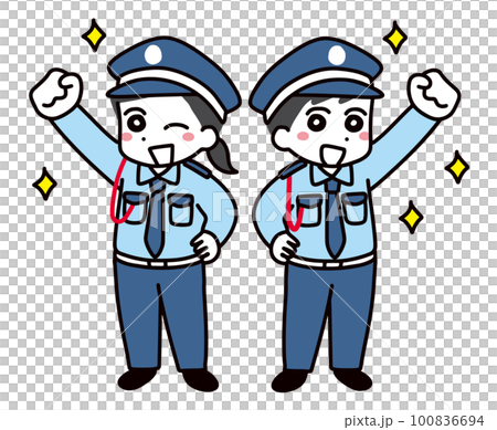 Smiling young male and female security guards posing in a fist pump (full body) Smiling young male and female security guards posing in a fist pump (full body) 100836694
