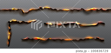 Fire, orange flame on burnt paper edges 100836729