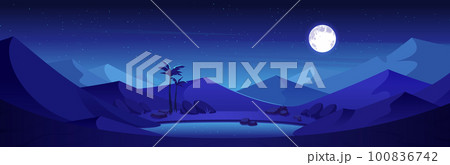 Night in sandy desert with dunes and oasis lake 100836742