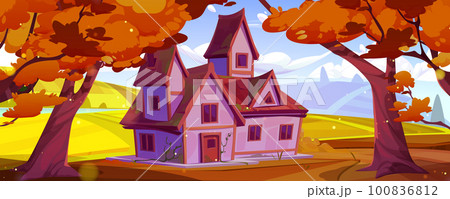 Cartoon house in autumn season vector illustration 100836812
