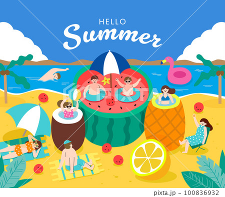 Woman and man play a beach ball in the beach. People stay in the watermelon, coconut, and pineapple in the summer. 100836932