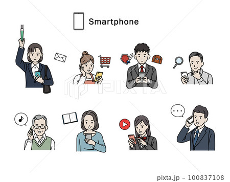 スマートフォンを使う様々な年齢層の人達のイラスト 100837108