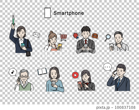 スマートフォンを使う様々な年齢層の人達のイラスト 100837108