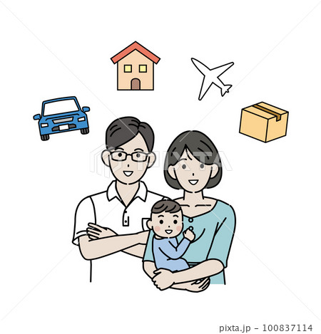 マイホーム購入や引っ越しを考える若い夫婦のイラスト マイホーム購入や引っ越しを考える若い夫婦のイラスト 100837114