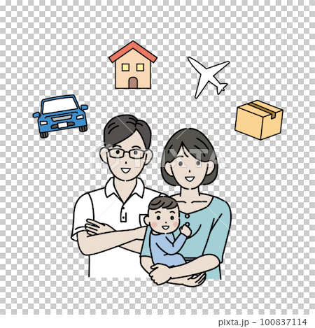 マイホーム購入や引っ越しを考える若い夫婦のイラスト マイホーム購入や引っ越しを考える若い夫婦のイラスト 100837114