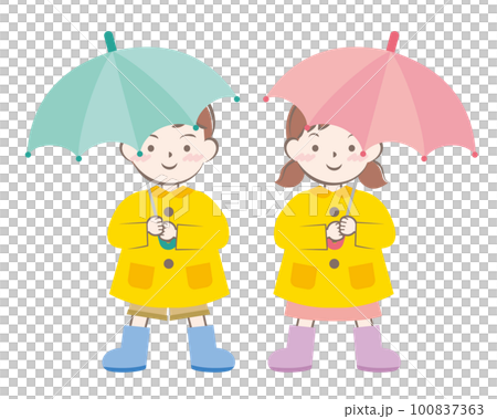 穿雨衣打傘的男孩女孩 100837363