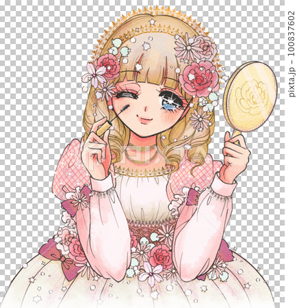 Princess with girl manga style makeup, hand mirror and mascara 100837602