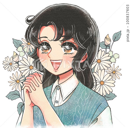 パァア…！花に囲まれて笑う、少女まんが風の女の子 100837603