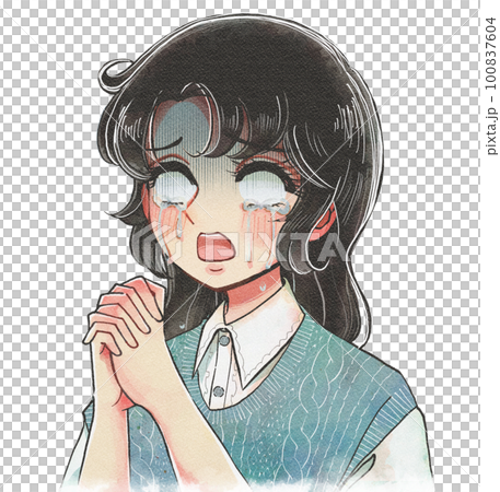 震驚...哭泣向上帝祈禱的卡通女孩風格的女人 100837604