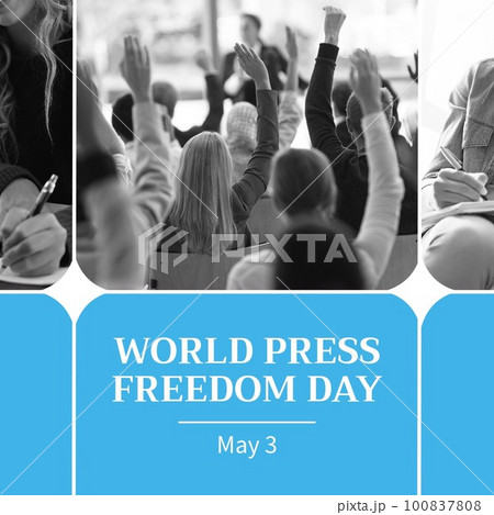 Composition of world press freedom day text and people raising hands at press conference Composition of world press freedom day text and people raising hands at press conference 100837808