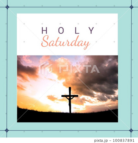 Image of holy saturday text over landscape and cross 100837891