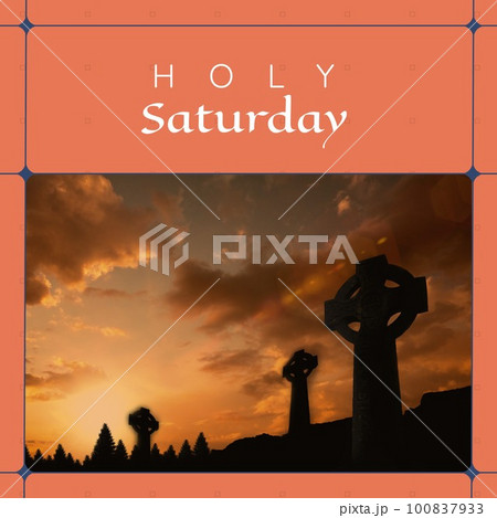 Image of holy saturday text over landscape and crosses Image of holy saturday text over landscape and crosses 100837933