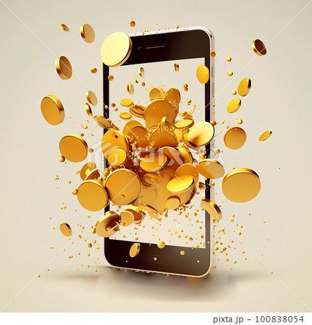 スマホの画面から光り輝く大量の金貨が溢れ出てくるイラスト 100838054