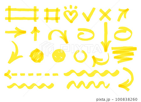 Hand drawn marker strokes. Bright yellow marker different shapes. Hand drawn dotted and wavy arrows and lines Hand drawn marker strokes. Bright yellow marker different shapes. Hand drawn dotted and wavy arrows and lines 100838260