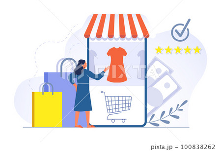 Girl do shopping online, choose clothes on web shop. Woman using mobile application to buy dress. Clothing store 100838262