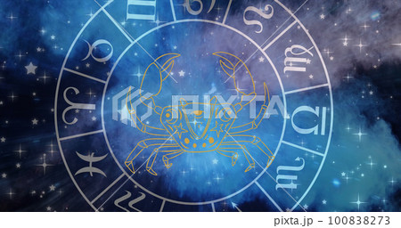 Zodiac star sign wheel with cancer sign over stars 100838273