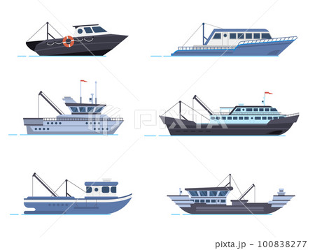 Fisherman boat, commercial vessels. Transportation on sea or ocean. Fish catching transport, water vehicles for logistic 100838277