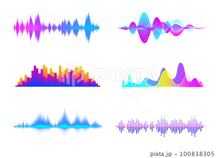 Colorful sound waves. Audio signal wave, color gradient music waveforms and digital studio equalizer vector set 100838305