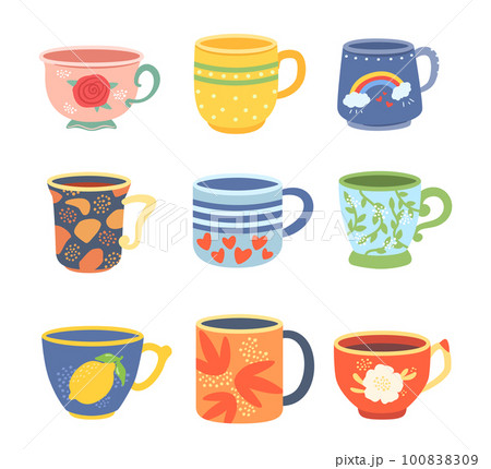Cartoon cups. Colorful mugs for tea and coffee with different design. Kitchen teacup for hot drinks. Trendy crockery 100838309