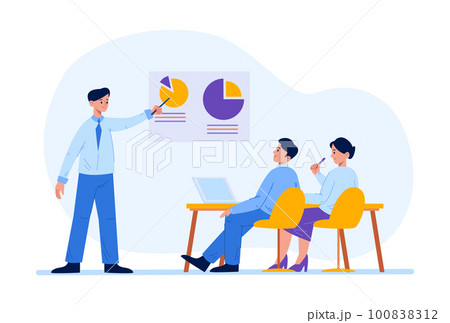 Business meeting presentation. Female and male characters sitting at desk with laptop and taking part in training 100838312