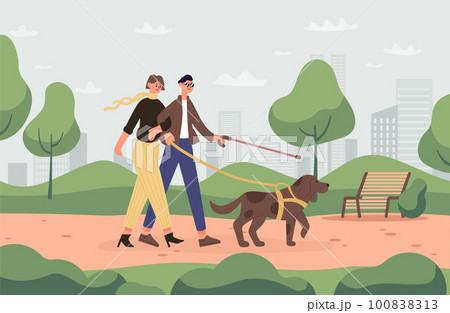 Blind couple with guide dog walking in the park. Woman going with male characters with stick outdoor. Cartoon characters 100838313
