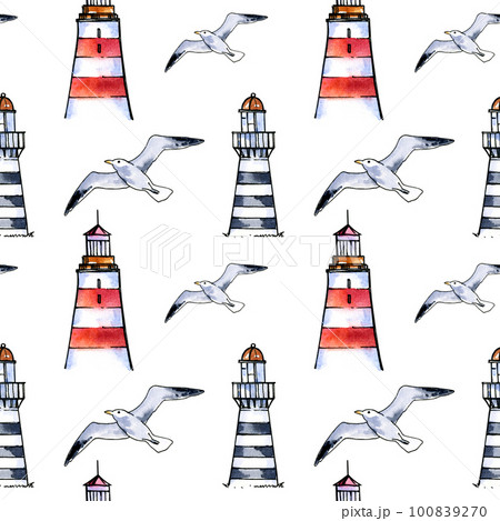 Seamless pattern with different lighthouses and seagull on white background. Watercolor illustration. Hand draw sketch. 100839270