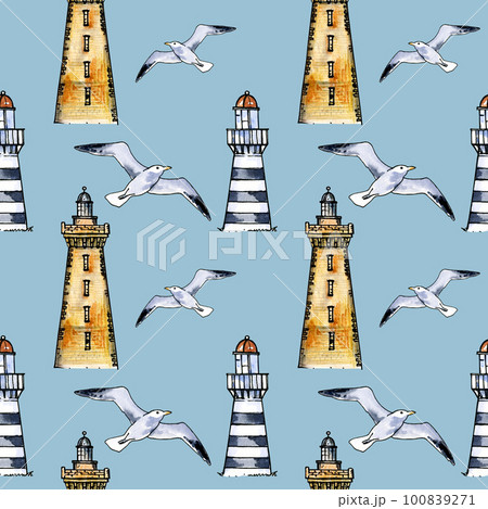 Seamless pattern with different lighthouses and seagull on gray background. Watercolor illustration. Hand draw sketch. 100839271