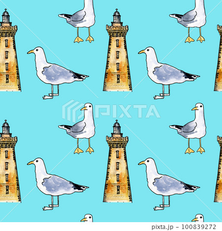 Watercolor seamless pattern with lighthouses and seagull on mint background. Hand draw sketch. Watercolor seamless pattern with lighthouses and seagull on mint background. Hand draw sketch. 100839272