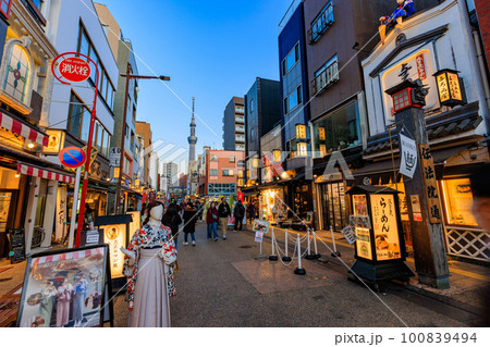 東京 台東区浅草 夕方の伝法院通りとスカイツリー 東京 台東区浅草 夕方の伝法院通りとスカイツリー 100839494